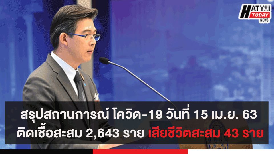 สรุปสถานการณ์ โควิด-19 วันที่ 15 เม.ย. 63 ติดเชื้อสะสม 2,643 ราย เสียชีวิตสะสม 43 ราย