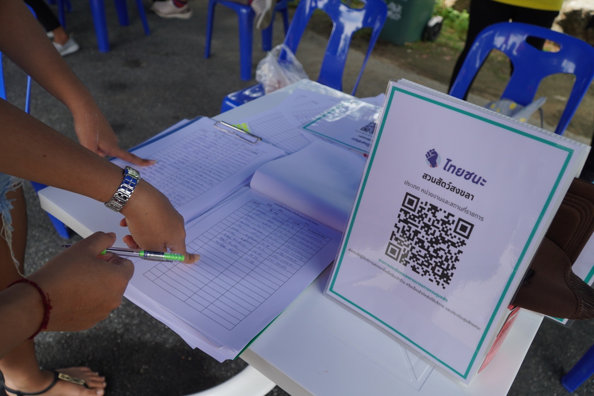 ตัวอย่างการใช้แพลตฟอร์มไทยชนะในรูปแบบ QR Code และลงทะเบียนเขียนด้วยมือ