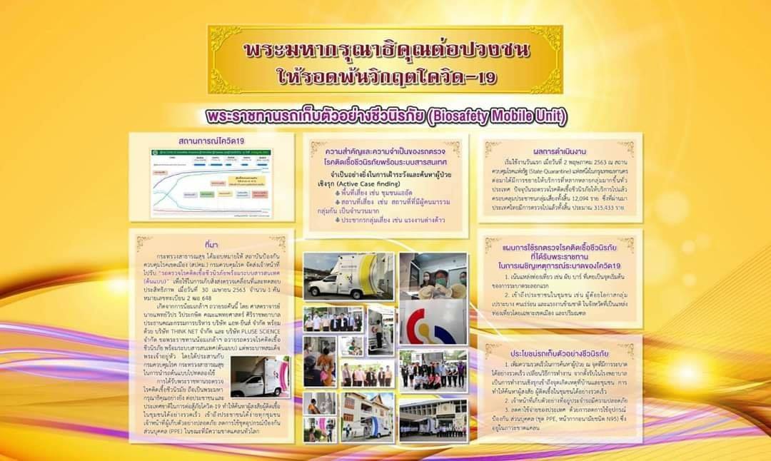 ในหลวงร.10และสมเด็จพระราชินีพระราชทานรถตรวจโรคติดเชื้อชีวนิรภัย จำนวน 13 คันให้แก่ประชาชนในพื้นที่ต่างๆ