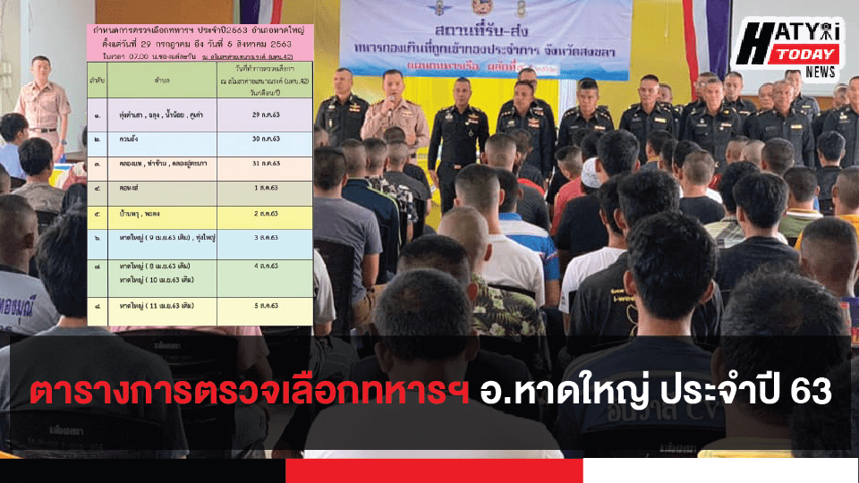 เพิ่มเติม : ตารางการตรวจเลือกทหารฯ อ.หาดใหญ่ ประจำปี 63 ภายใต้มาตราการป้องกันโควิด-19