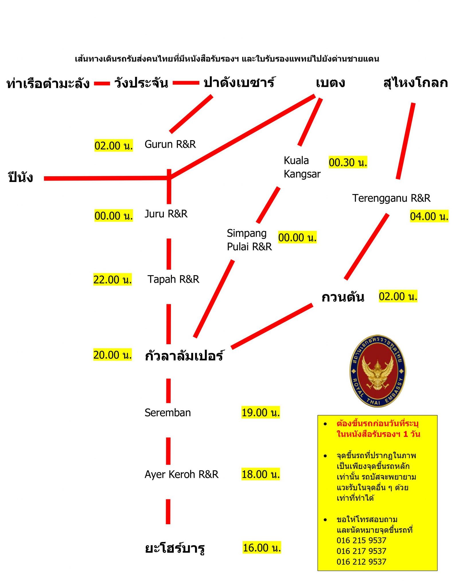 สถานเอกอัครราชทูตฯ จะยุติการให้บริการรถบัสกลับไทยด่านพรมแดนตั้งแต่วันที่ 13 ส.ค. เป็นต้นไป