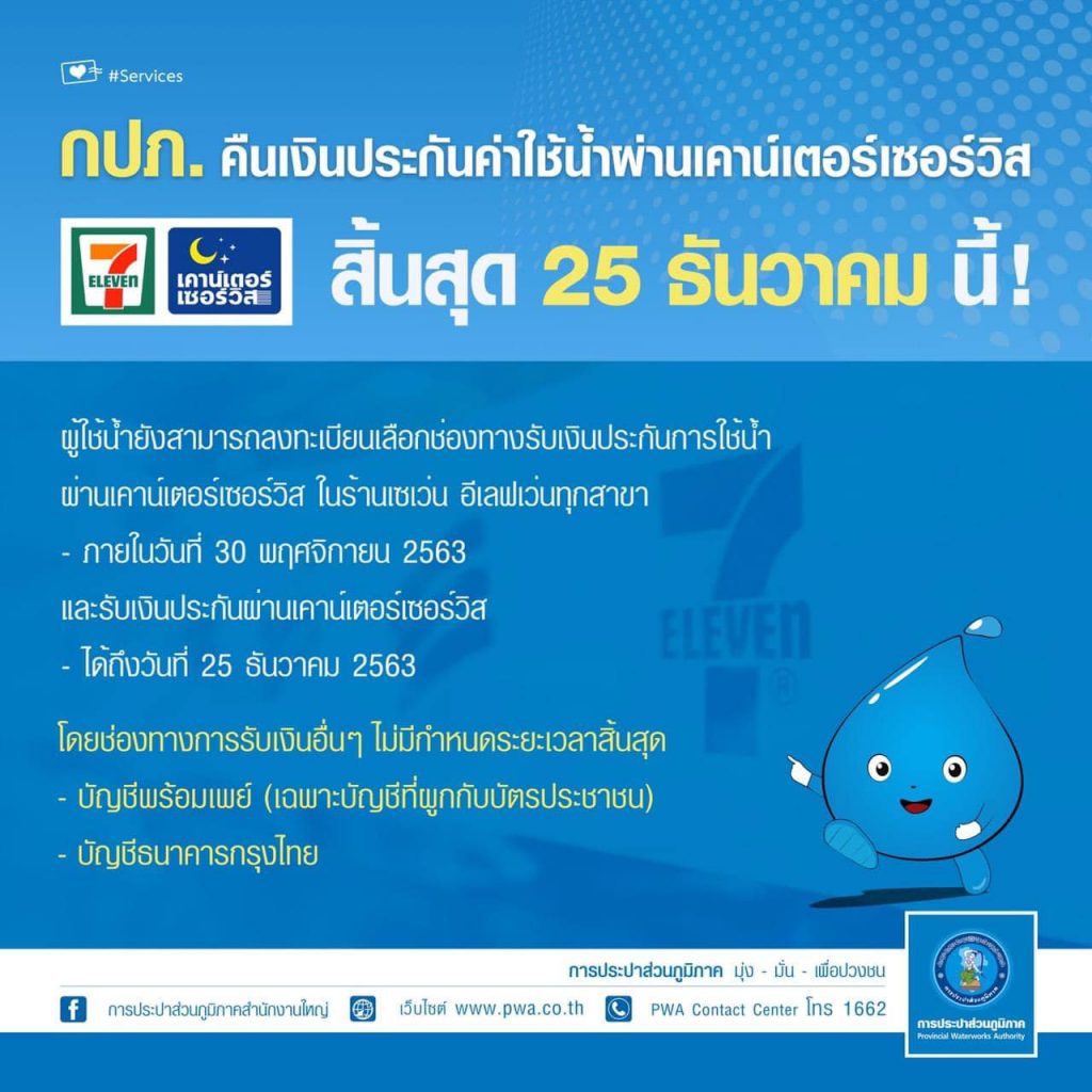 กปภ.คืนเงินประกันค่าใช้น้ำผ่านเคาน์เตอร์เซอร์วิส สิ้นสุด 25 ธ.ค. นี้