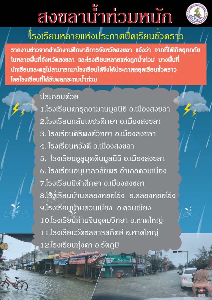 สงขลาน้ำท่วมหนักหลายแห่งประกาศปิดเรียนชั่วคราวงดการเรียนการสอน ตั้งแต่ 1 - 3 ธันวาคม 2563