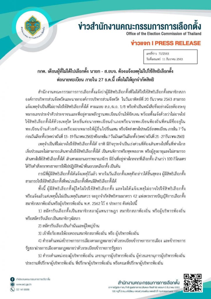 กต. เตือนผู้ที่ไม่ได้ไปเลือกตั้งต้องแจ้งเหตุไม่ไปใช้สิทธิเลือกตั้งต่อนายทะเบียน ภายใน 27 ธ.ค.นี้ เพื่อไม่ให้ถูกจำกัดสิทธิ