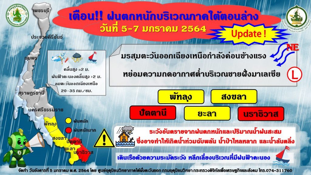 ประกาศอุตุฯภาคใต้ฝั่งตะวันออก ฉบับที่ 4 ฝนตกหนักมีผลกระทบในช่วงวันที่ 5-7 มกราคม 2564