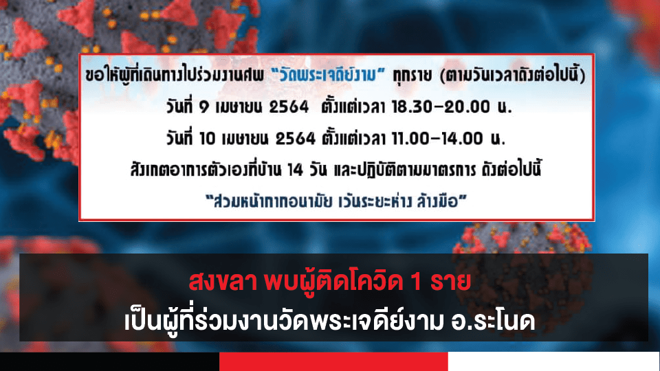 สงขลา พบผู้ติดโควิด 1 ราย เป็นผู้ที่ร่วมงานวัดพระเจดีย์งาม อ.ระโนด