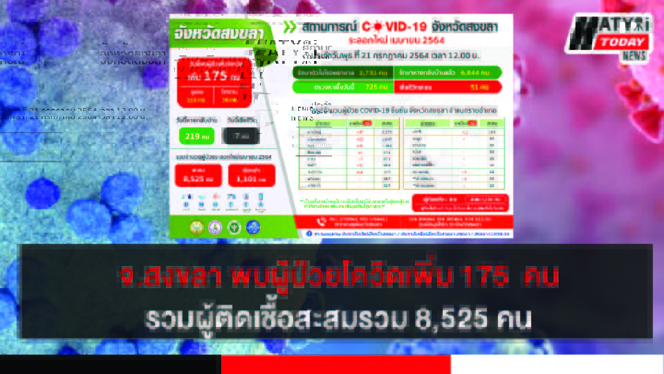 สงขลา พบผู้ป่วยโควิด 175 คน รวมผู้ป่วยโควิดระลอกเดือน เม.ย. สะสม 8,525 คน