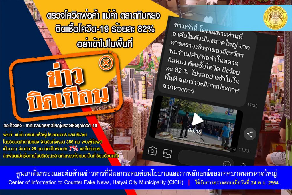 ชี้แจง!! ข่าวตรวจเชิงรุกพ่อค้า-แม่ค้า ตลาดกิมหยงหาดใหญ่ จ.สงขลา ติดเชื้อร้อยละ 82 ไม่เป็นความจริง 1 259795343 4242336565874880 207938211313050538 N