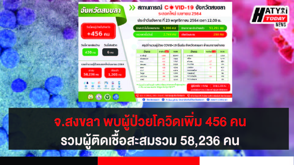 สงขลา พบผู้ป่วยโควิด 456 คน รวมผู้ป่วยโควิดระลอกเดือน เม.ย. สะสม 58,236 คน