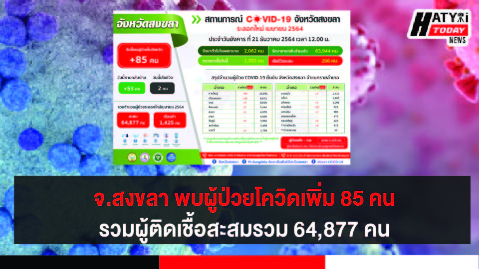 สงขลา พบผู้ป่วยโควิด 85 คน รวมผู้ป่วยโควิดระลอกเดือน เม.ย. สะสม 64,877 คน