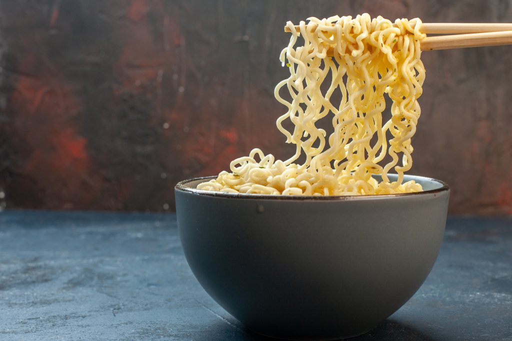 Bottom View Chopsticks Asian Ramen Noodles Bowl Dark Table Waribashi