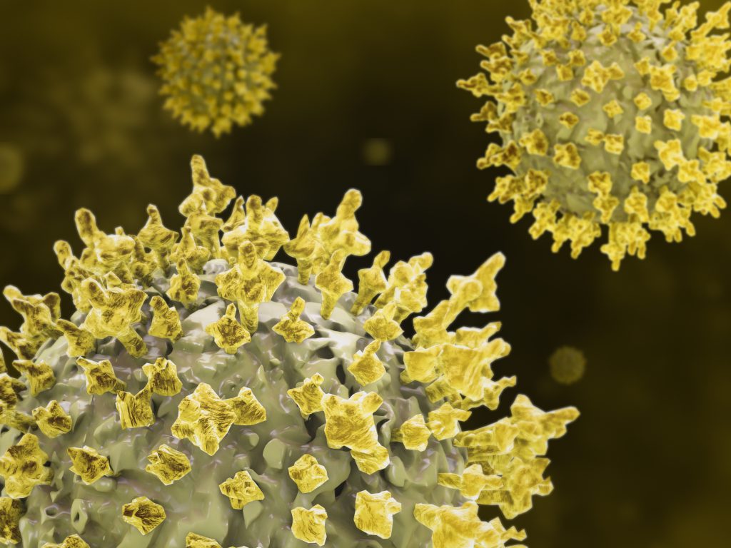 3d Rendering Of Yellow Coronavirus Microbe Cells