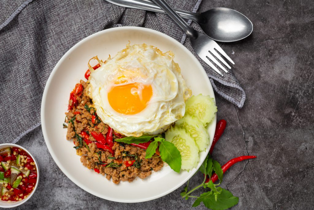 Thai Food; Basil Minced Pork With Rice And Fried Egg