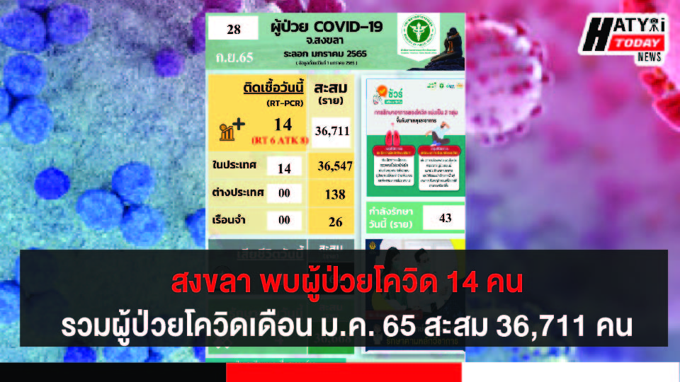 สงขลา พบผู้ป่วยโควิด 14 คน รวมผู้ป่วยโควิดระลอกเดือน ม.ค. 65 สะสม 36,711 คน