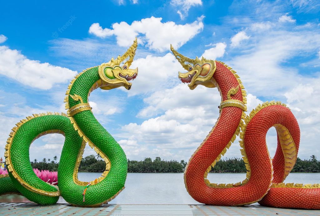 Statue Naga Mythology Green Red Facing Curve Blue Sky Watsaman Temple 49071 7710