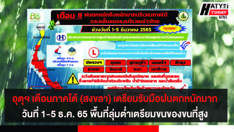 อุตุฯ เตือนภาคใต้ (สงขลา) เตรียมรับมือฝนตกหนักมาก วันที่ 1-5 ธ.ค. 65 พื้นที่ลุ่มต่ำเตรียมขนของขนที่สูง