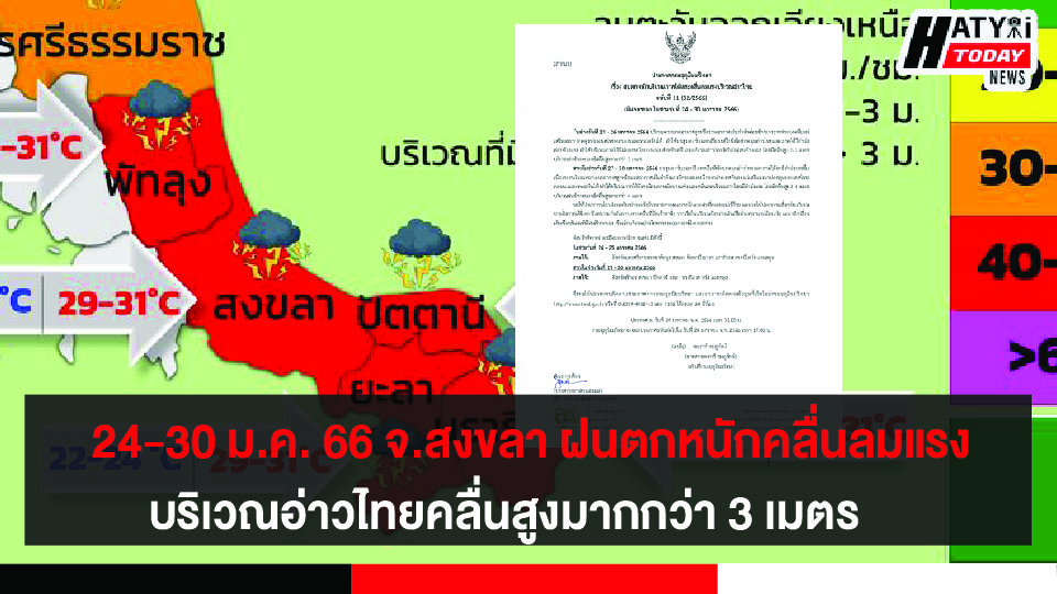 24-30 ม.ค. 66 จ.สงขลา ฝนตกหนักคลื่นลมแรงบริเวณอ่าวไทย คลื่นสูงมากกว่า 3 เมตร