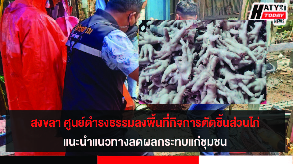 สงขลา ศูนย์ดำรงธรรมจับมือเทศบาลคลองแห ลงพื้นที่ตรวจสอบกิจการตัดชิ้นส่วนไก่ หวังลดผลกระทบแก่ชุมชน